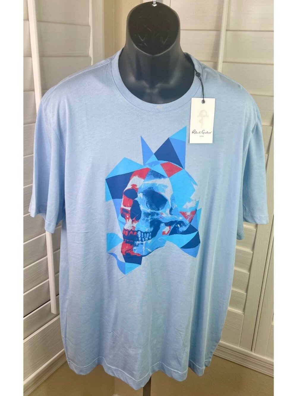 Robert Graham Diamond Geographical Skull Graphic Blue T-Shirt - Men L - NWT $98